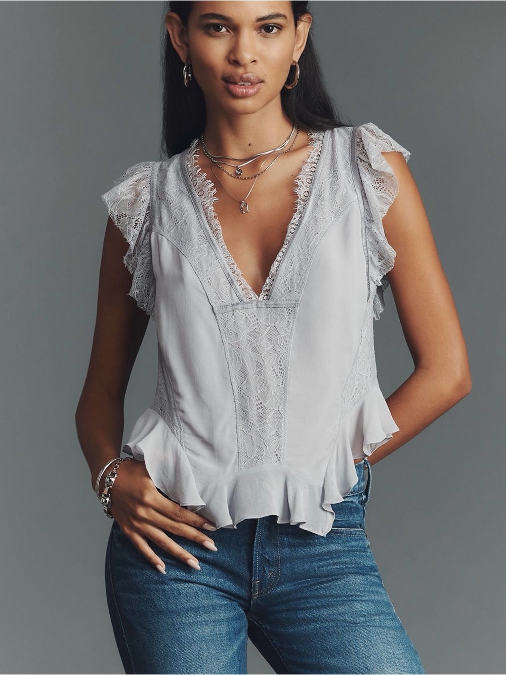 Anthropologie Light Gray Lace V-Neck Ruffle Camisole